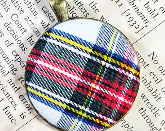 Stewart Dress Plaid Pendant and Necklace Set - Tartan Circle Pendant Layering and Long Necklace for Her
