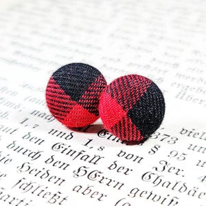 Rustic Red Buffalo Plaid Button Earrings | Stainless Steel Posts | 1/2 Inch