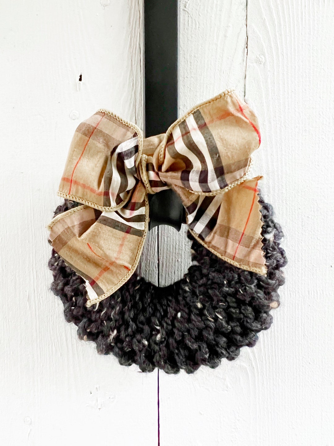 Hand Knitted Wreaths Farmhouse Wreaths Tartan Bow Wreaths Etsy