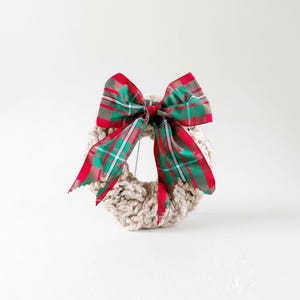 Hand-Knit Christmas Wreath | 6 Inch Farmhouse Cottage Cable Knit Holiday Decor with Tartan Bow