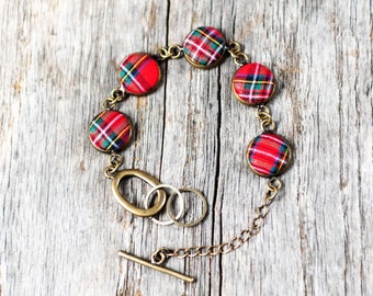 Red Plaid Bracelet - Stewart Royal Tartan Jewelry - Vintage Style Dainty Links Toggle Closure - Scotland Gifts for Her