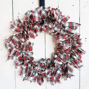 Stewart Dress Tartan Plaid Rag Wreath - Farmhouse Inspired Home Decor - Winter or Year Round Wreath