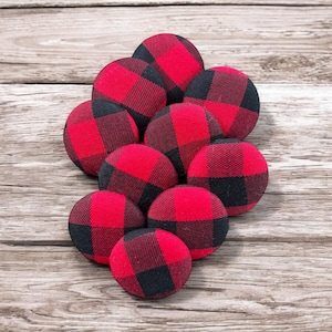 Red Buffalo Plaid Buttons for DIY Sewing, Crafting, and Scrapbooking - Handmade Set of 10