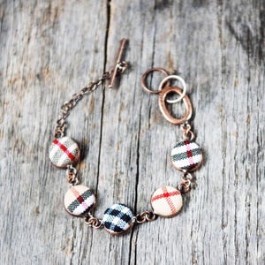 Adjustable Gold Link Plaid Bracelet - Toggle Clasp Tartan Jewelry