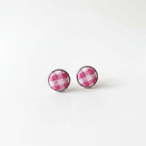 Gingham Stud Earrings - Pink White Plaid Fabric, Gunmetal Bezel, 1/2 Inch