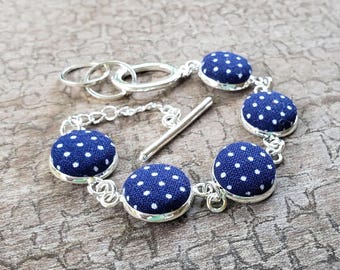 Button Jewelry Set: Polka Dot Fabric - Adjustable Bracelet, Pendant Necklace & Earrings