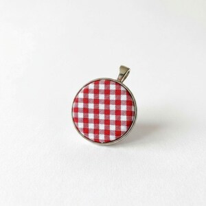 Gingham Button Pendant Necklace - Long Silver Chain, Plaid Circle Statement Jewelry Gift Women