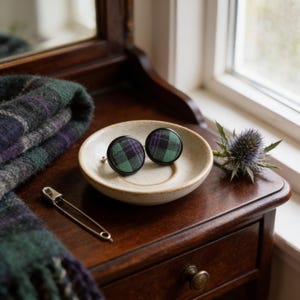 Black Watch Stud Earrings, Scottish Style Tartan Plaid (Blue & Green, 1/2 inch)