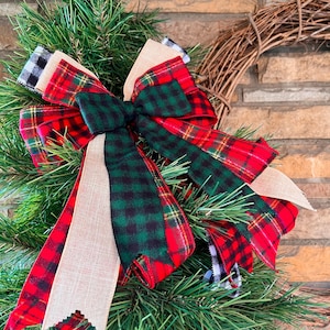 Hand-Tied Plaid Christmas Bow, Rustic Tartan Decor for Wreath Garland Gift Wrapping