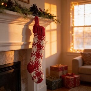 Buffalo Plaid Christmas Stocking: Hand-Knit Rustic Farmhouse Decor (Ready Ship)