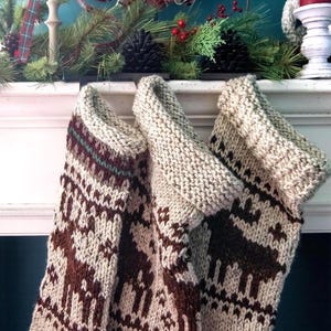 Rustic Cottage Core Christmas Stocking with Moose Motif - Wool Knit Heirloom, Personalized Monogram, Farmhouse Mantel Decor
