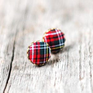 Red Stewart Tartan Stud Earrings - Classic Scottish Plaid Fabric Buttons Bronze Posts