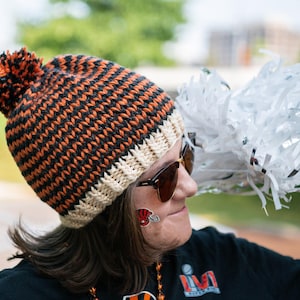 Chunky Knit Tiger Stripe Beanie - Handmade Winter Hat with Bold Pattern for Game Day
