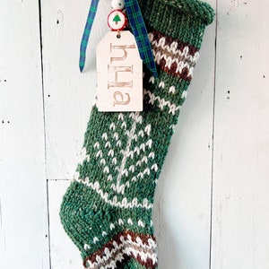 Personalized Knitted Christmas Tree Stocking with Name Tags - Fair Isle Traditional Heirloom Tree Design