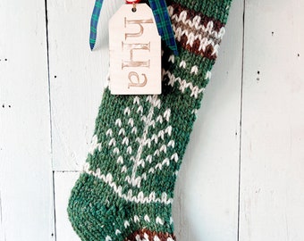 Personalized Knitted Christmas Tree Stocking with Name Tags - Fair Isle Traditional Heirloom Tree Design
