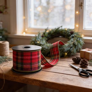 Red Plaid Flannel Wired Ribbon for Christmas Wreaths, Bows & Holiday Decor - 10 Yards