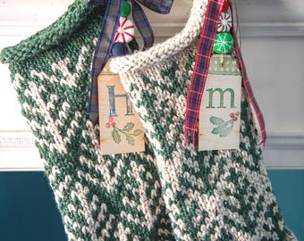 Hand-Knit Wool Christmas Stocking: Scandinavian Nordic Style, Personalized Name Tag, Tree Design
