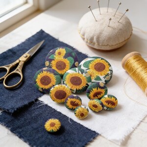 Sunflower Fabric Buttons: Set of 10 Navy Blue or White Floral Sewing Notions