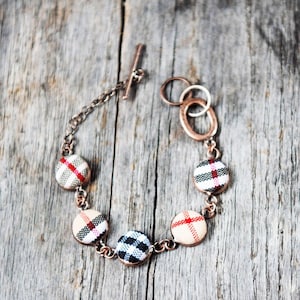 Adjustable Gold Link Plaid Bracelet - Toggle Clasp Tartan Jewelry