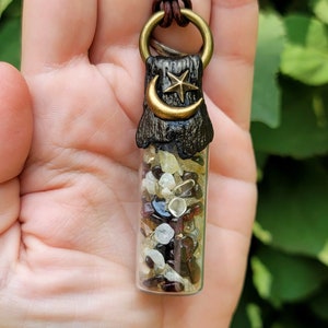 Crystal bottle necklace, garnet,citrine,moon,star