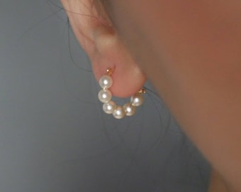 Mini pearl hoops, mini gold hoops, gold drop hoops, small hoop earrings,bead earrings, mini earring, gold plated earrings, huggie hoops