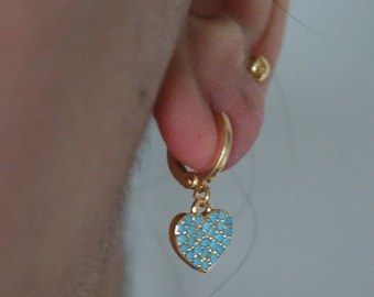 Blue heart earrings, gold heart earrings, huggie heart hoops, gold filled hoops, heart charm earrings, Tiny CZ Heart Dangle Huggie Hoop