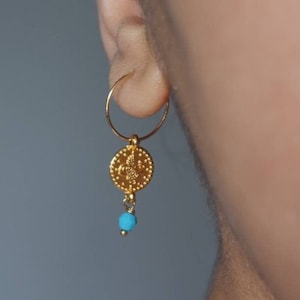 Gold hoop earrings, ottoman coins, statement hoops, coin hoops, coin earrings, turquoise earrings, dangle hoops, dangle earrings, mini hoops
