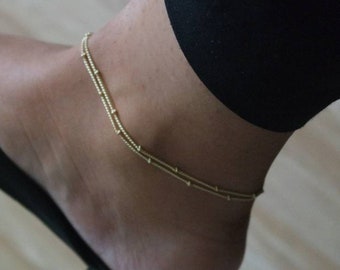 Gold chain anklet, beaded chain anklet, anklet bracelet, foot jewellery, delicate anklet, double chain anklet, gold filled anklet