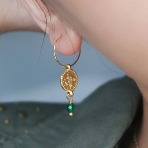 Gold hoop earrings, ottoman coins, statement hoops, coin hoops, coin earrings, green earrings, dangle hoops, dangle earrings, tribal hoops