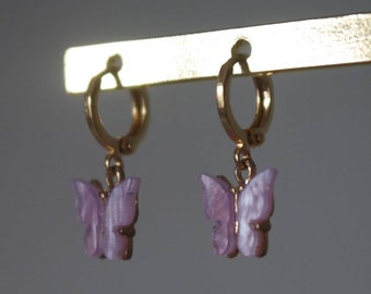 Lilac butterfly earrings, gold huggie earrings, tiny hoop earrings, gold filled hoops, gift for her, butterfly earrings, dainty drop earring