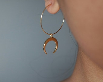 Moon hoop earrings, statement hoops, gold hoops earrings, moon earrings, gold plated earrings,dangle hoops,tribal earrings,horn earrings