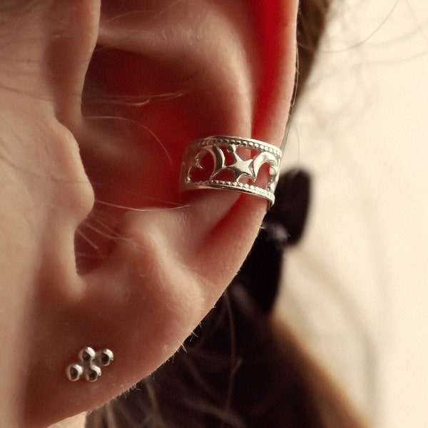 Moon and Stars Earcuff Silver * Dainty Ear Cuff Silver * Sterling Silver Earcuff