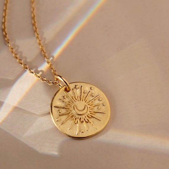 Sonne Mond Halskette Gold Vermeil – Matte Anhänger mit Sternen – 925 Recyceltes Sterlingsilber – Boho Schmuck – Geschenk für Sie