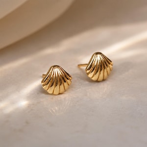 Könnte beinhalten: Ein Paar goldfarbene Ohrstecker in Form kleiner Muscheln. Jeder Ohrstecker hat ein fächerartiges Design mit vertikalen Rillen, die von der Basis zum gewellten Rand verlaufen und eine polierte metallische Oberfläche mit Lichtreflexen erzeugen.