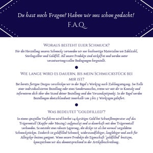 May include: A navy blue and white graphic with text in German. The text is a FAQ about jewelry, including materials, shipping times, and the meaning of "goldfilled". The design has a decorative border.