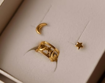 Moon and Stars Stud Earrings Set * Moon and Stars Earcuff Gold *Birthday Gift * Earring Set Gold * Gift Set