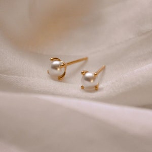 May include: A pair of gold stud earrings with small white pearl accents.