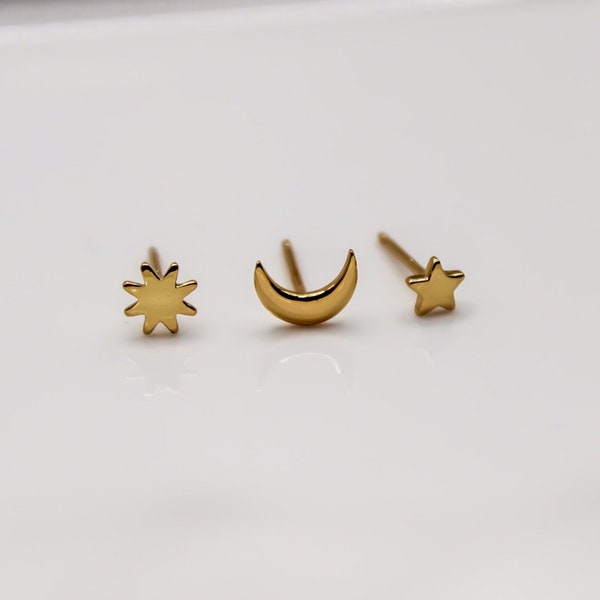 Stud earrings set sun moon and stars * Sun and moon stud earrings * Moon and star stud earrings made of gold plated sterling silver * Moon stud earrings