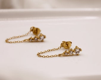 Ohrstecker Gold Zirkonia mit Kettchen * Gold Cz Ohrringe * Zirkonia Gold Ohrstecker * Ohrstecker Modern * Brautschmuck * Ohrringe Zirkonia