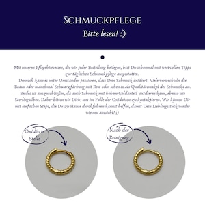 May include: Image showing a gold hoop earring with a twisted rope design. The text in the image reads "SCHMUCKPFLEGE Bitte lesen! :)" and provides care instructions for jewelry. The earring is shown before and after cleaning.