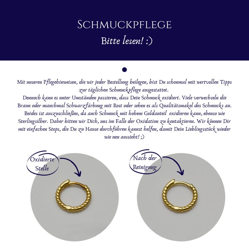 May include: Image showing a gold hoop earring with a twisted rope design. The text in the image reads "SCHMUCKPFLEGE Bitte lesen! :)" and provides care instructions for jewelry. The earring is shown before and after cleaning.