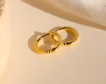 May include: A pair of gold hoop earrings with a twisted design.
