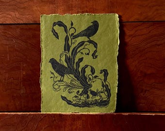 Trepidation | Skull and crows with vines | 8.5” x 11” lino cut print | Gothic, whimsical, dark academia wall art