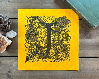 Illustrated Letter J Linocut Print – Arts & Crafts Flora, Orange Lokta Paper