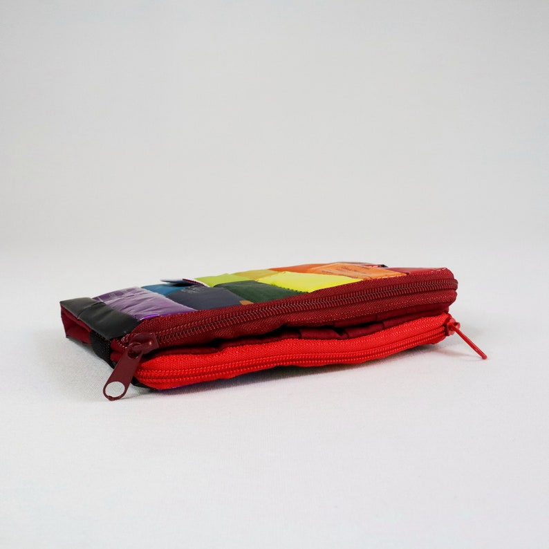May include: A multi-coloured zippered pouch with a rainbow pattern. The pouch has two zippers and a red pull tab.
