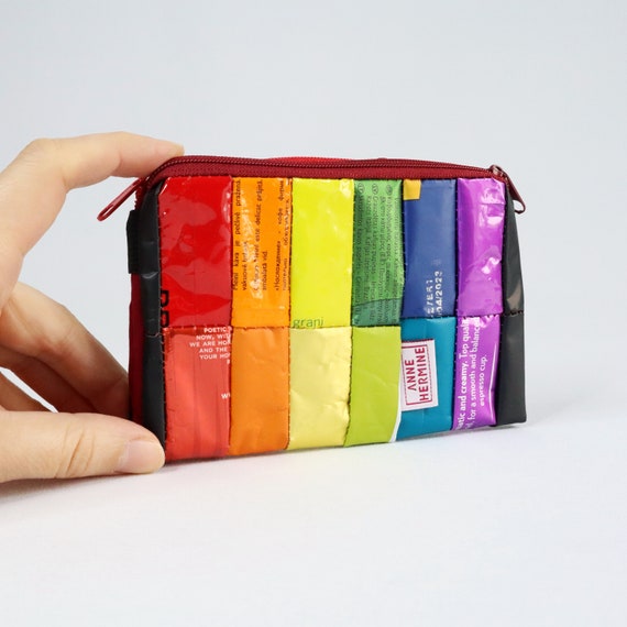 Vegane Geldbörse aus recycelten Kaffeeverpackungen, nachhaltiger Geldbeutel, Einzelstück, Regenbogen, Portemonnaie faltbar