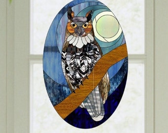 Owl WINDOW CLING ~ Faux Stained Glass ~ Suncatcher ~ Full Moon ~ Owl on Branch ~ 2 Designs ~ Size 10.6" Oval ~ Thick Glassy Deluxe Vinyl