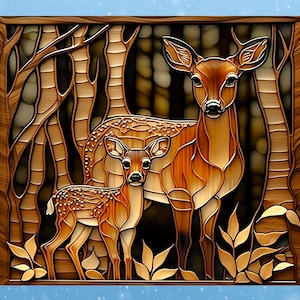 May include: A stained glass artwork depicting a mother deer and her fawn standing in a forest. The deer are brown with intricate details and are surrounded by trees and leaves.