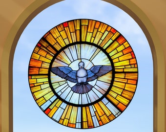 Holy Spirit Dove ~ WINDOW CLING ~ Faux Stained Glass ~ Religious ~ Suncatcher Size 8"  Thick Glassy Deluxe Vinyl