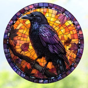 Raven Faux Stained Glass  Window Cling ~ Blackbird ~ Sun-catcher Size 8&quot; Round ~ Repositionable Vinyl